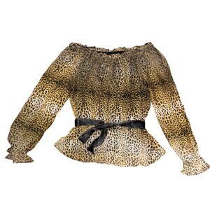 Adrianna Papell Animal Print Sheer Blouse Women M Black & Tan Off-Shoulder Belte